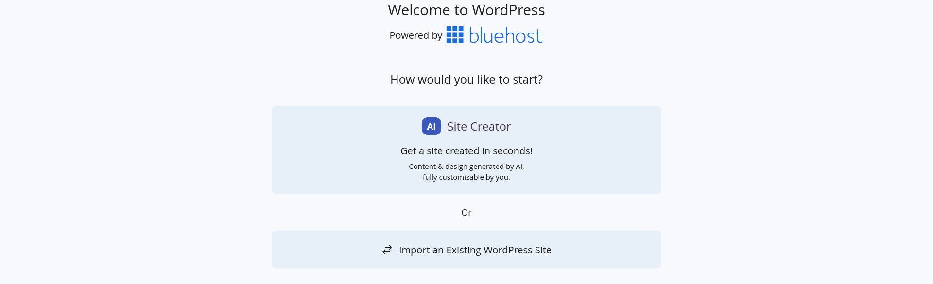 Bluehost WordPress setup showing AI Site Creator and site migration options