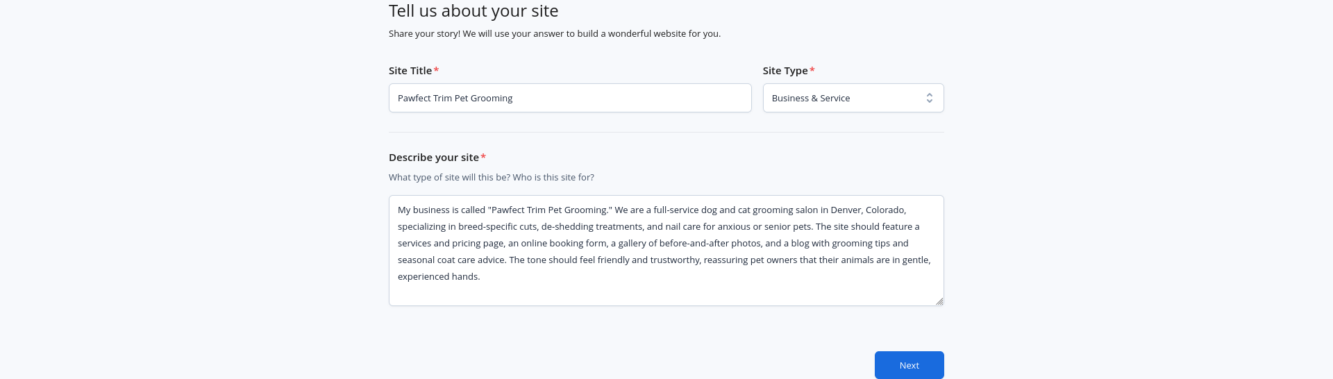 Bluehost AI Site Creator form for entering a website title, description, and category