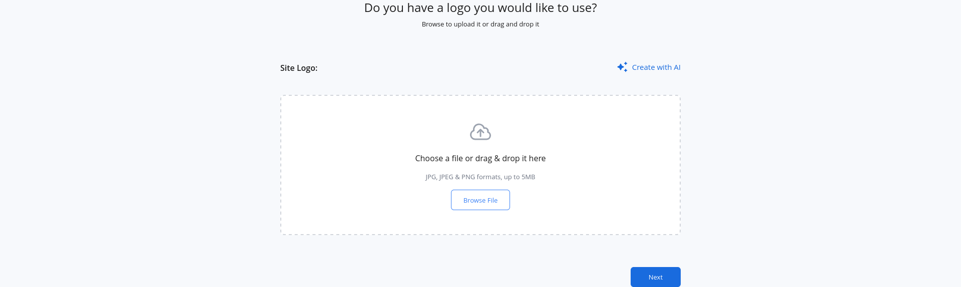 Bluehost AI Site Creator showing options to upload or generate a website logo
