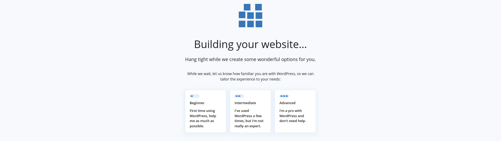 Bluehost AI Site Creator asking for Beginner, Intermediate, or Advanced WordPress experience