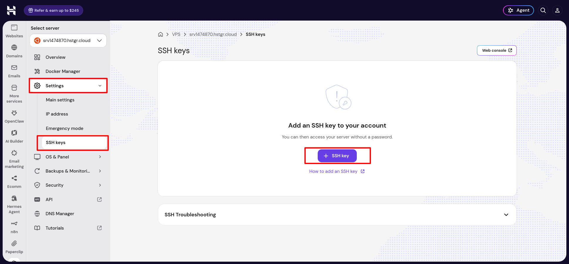Hostinger dashboard SSH keys screen prompting to add an SSH key to the account