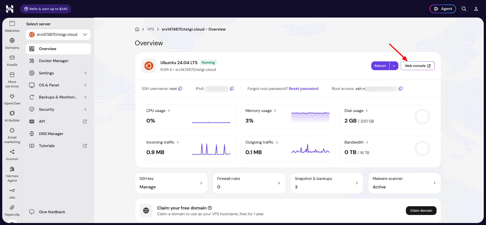 Hostinger dashboard Web console button on the VPS overview and Firewall pages