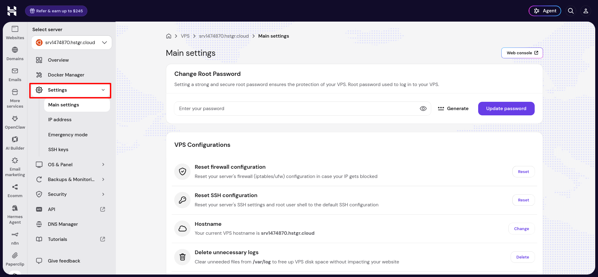 Hostinger dashboard Main settings page showing Reset firewall configuration and Reset SSH configuration options