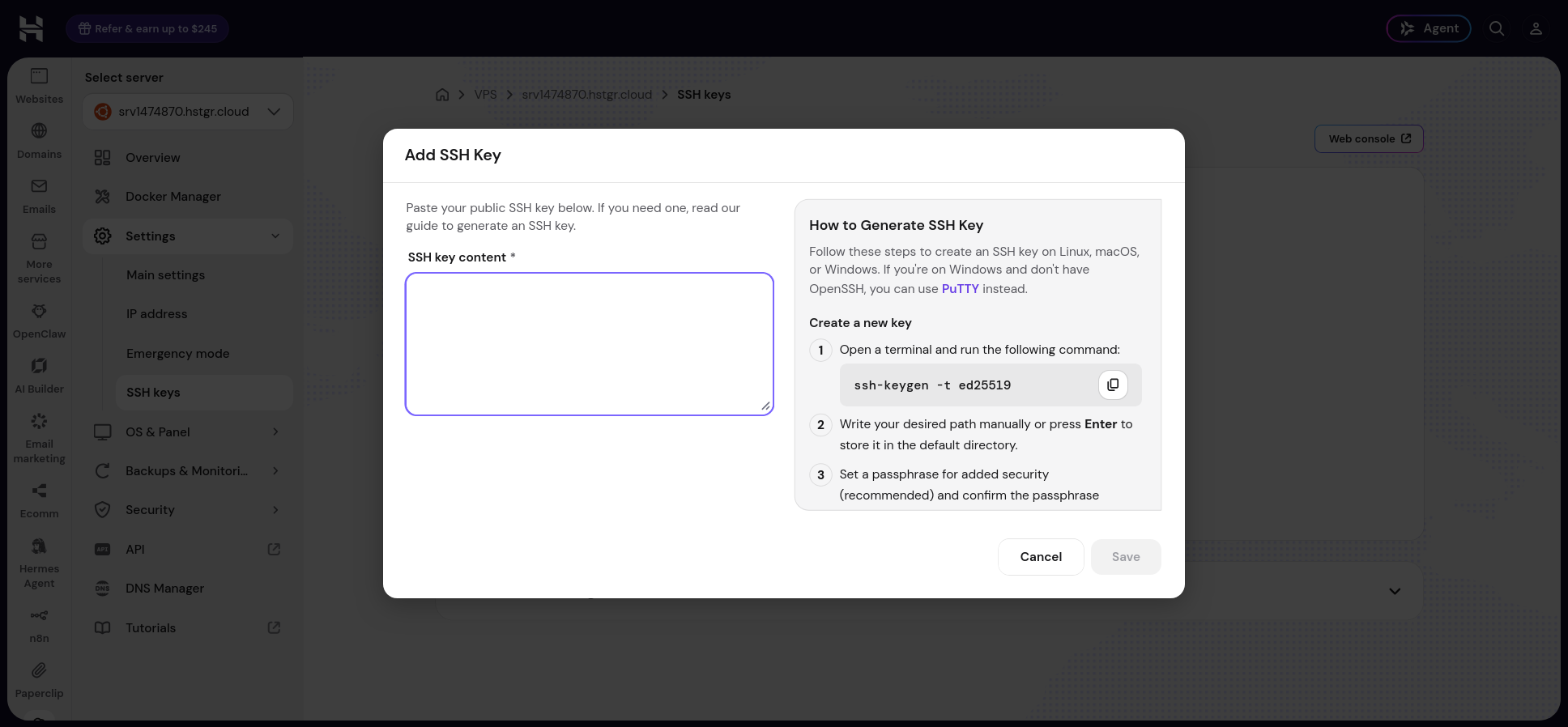 Hostinger dashboard Add SSH Key dialog with a text box for pasting the public key and generation instructions