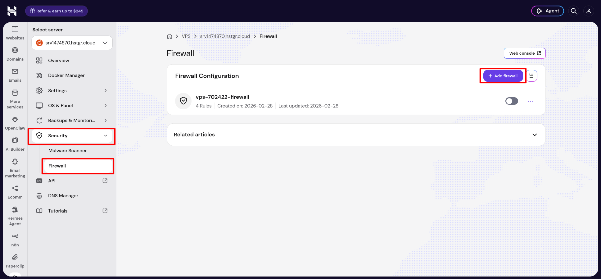Hostinger dashboard Firewall page showing a firewall configuration with 4 rules, currently switched off