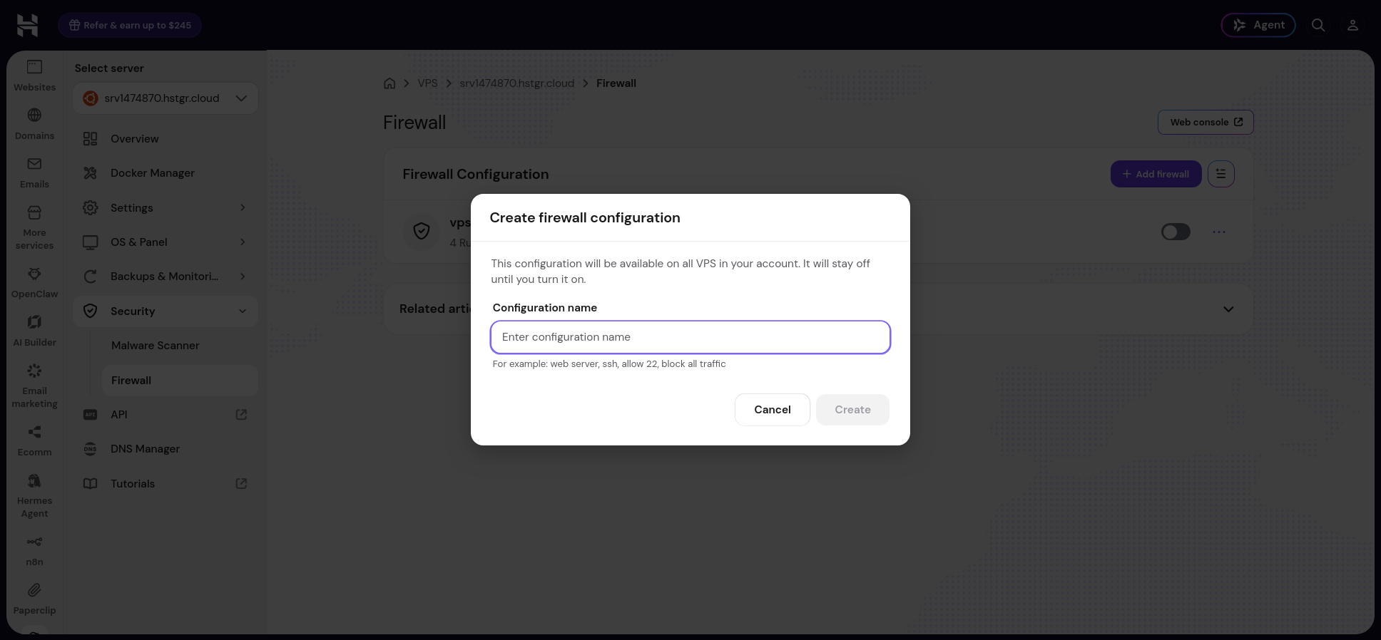 Hostinger dashboard Create firewall configuration dialog with a name field