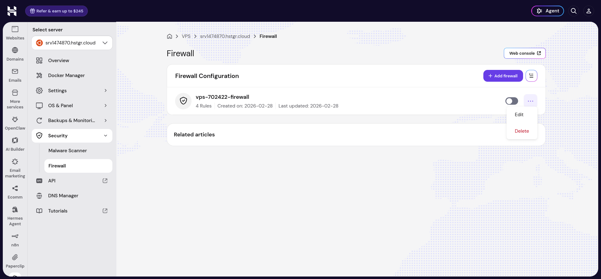 Hostinger dashboard firewall configuration row with Edit and Delete options in a dropdown menu