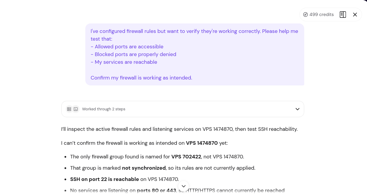 Hostinger dashboard Agent panel showing a firewall verification conversation flagging that the firewall group is not attached to the VPS