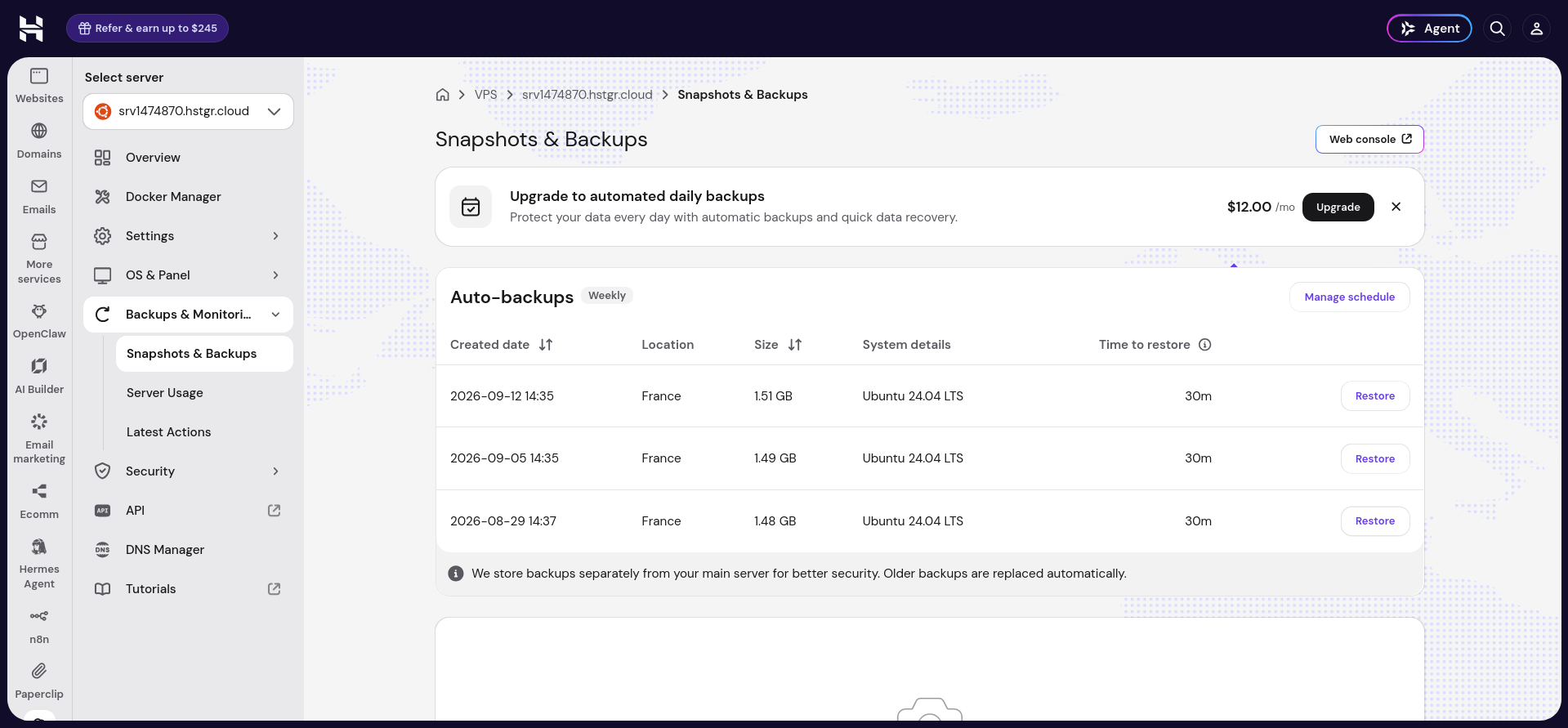 Hostinger dashboard Snapshots and Backups page showing weekly auto-backups with restore options and a manual snapshot creation panel