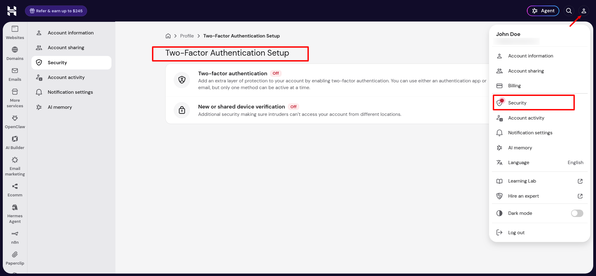 Hostinger dashboard Two-Factor Authentication Setup screen showing an authenticator app or email option, currently off