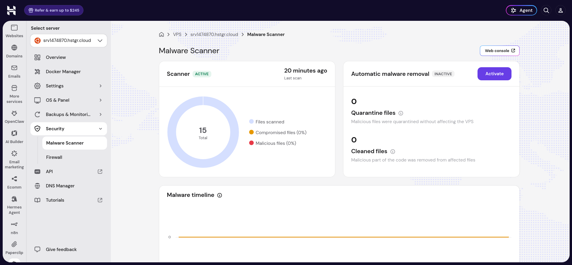 Hostinger dashboard Malware Scanner showing active scan status, files scanned, and automatic malware removal settings