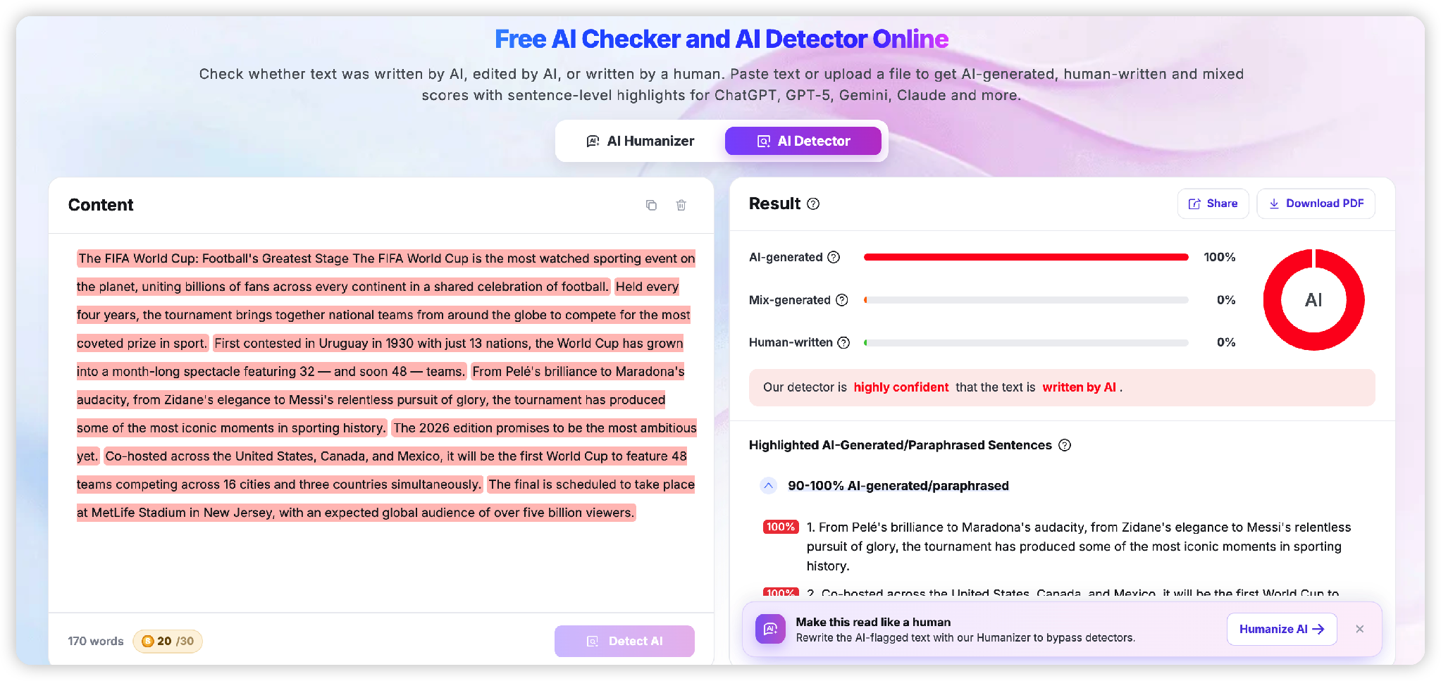screenshot of AI checker and detector Online website