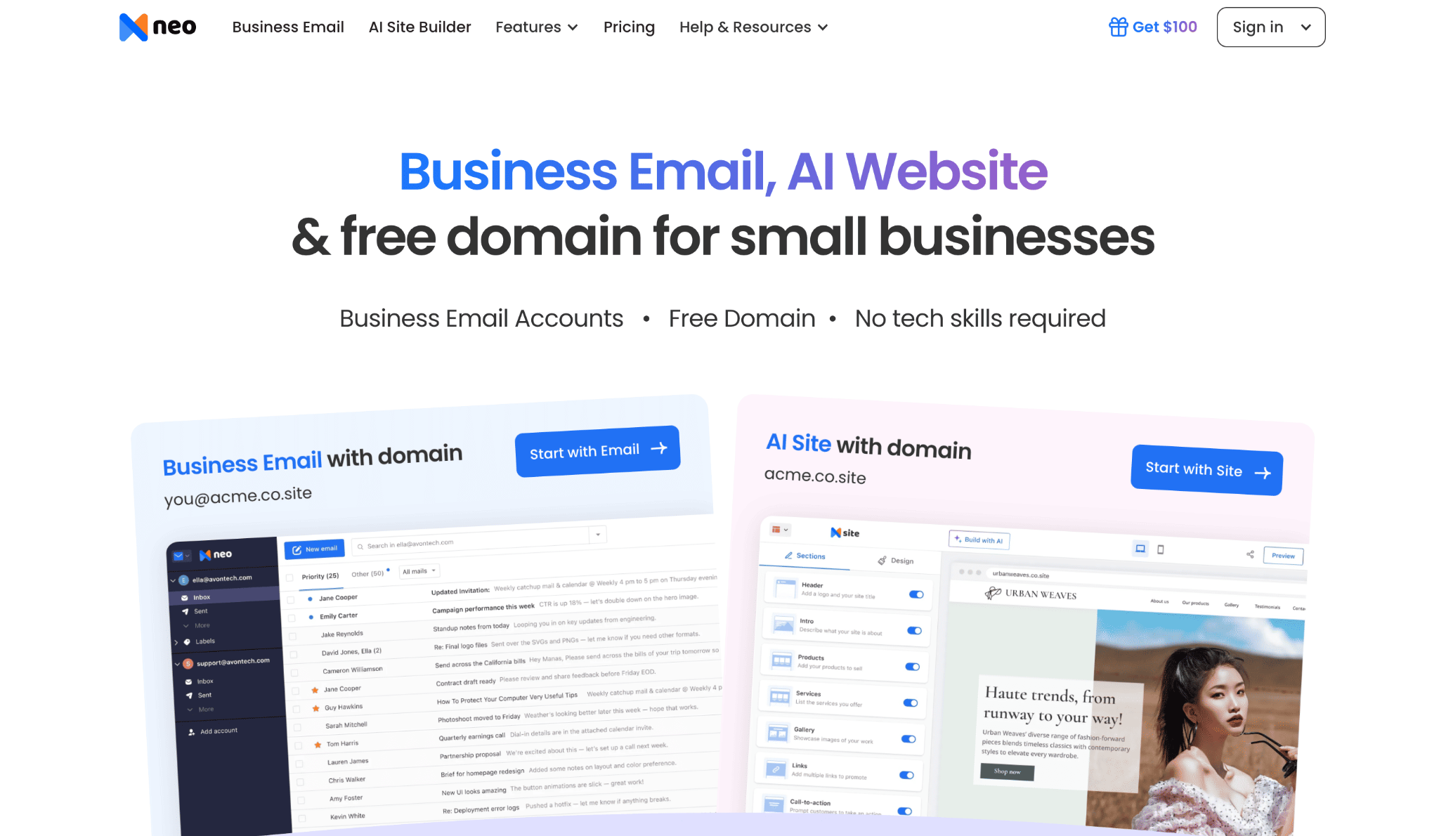 screenshot of Neo Mail website