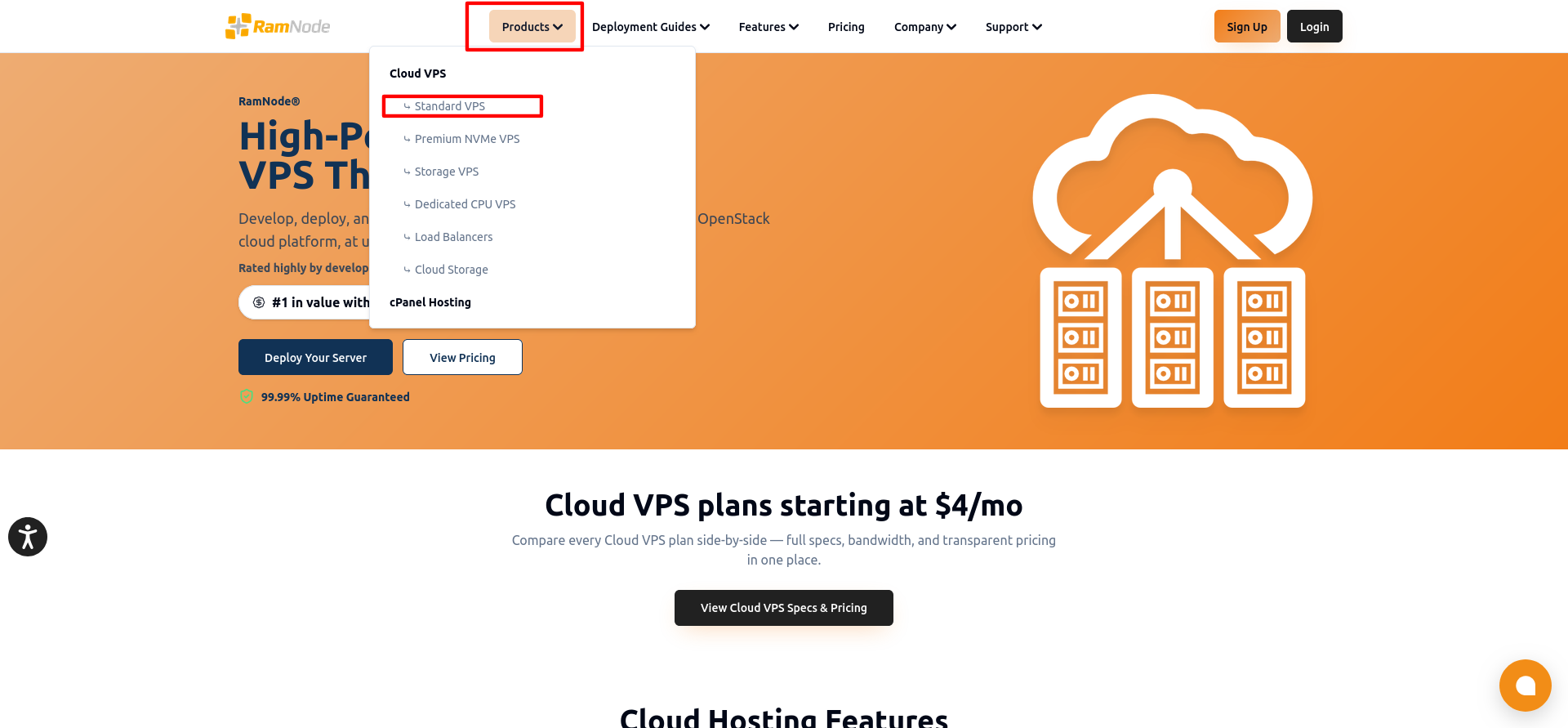 screenshot of Standard VPS button