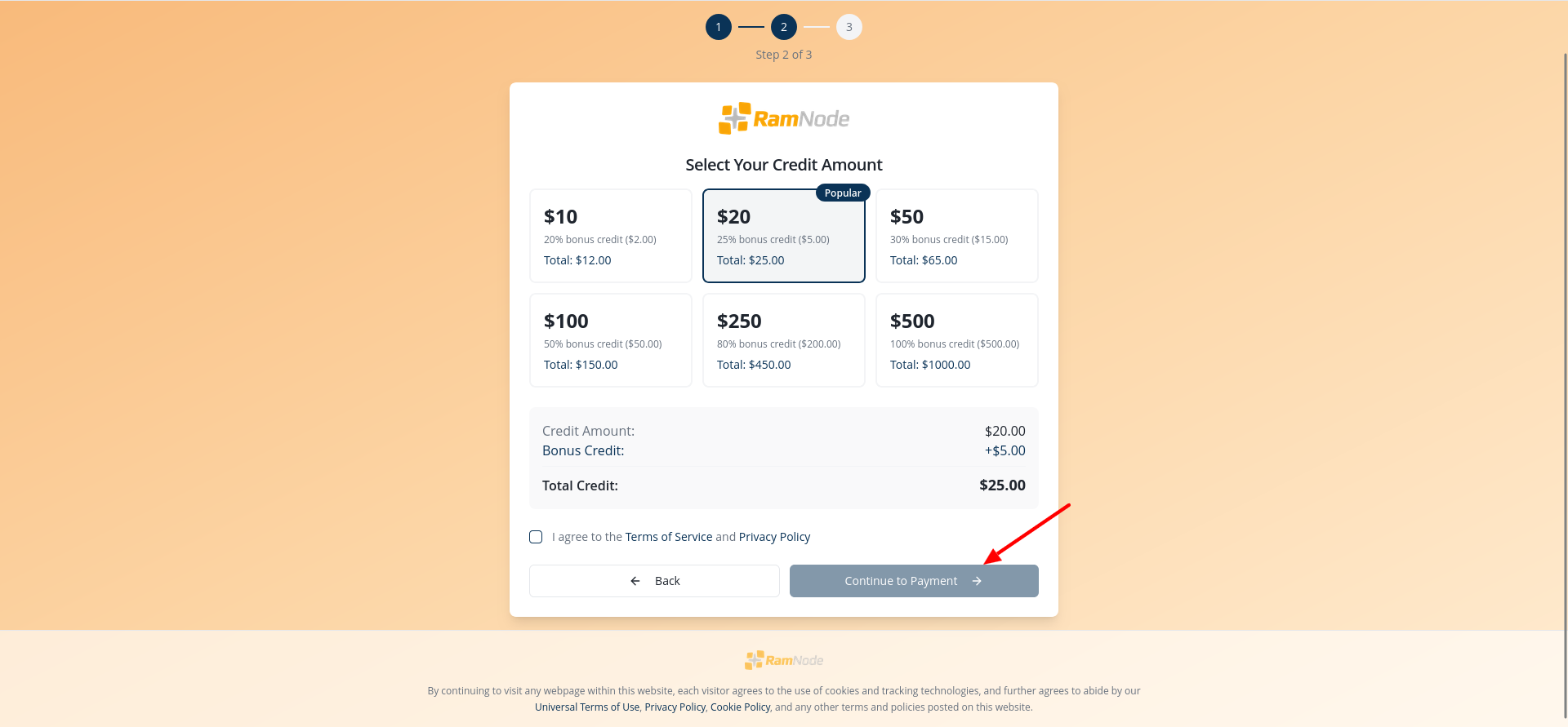 screenshot of Continue Payment button