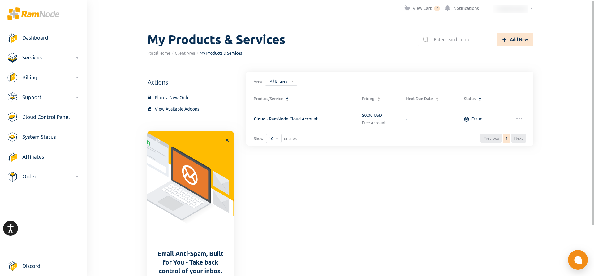 screenshot of the Products and Services page