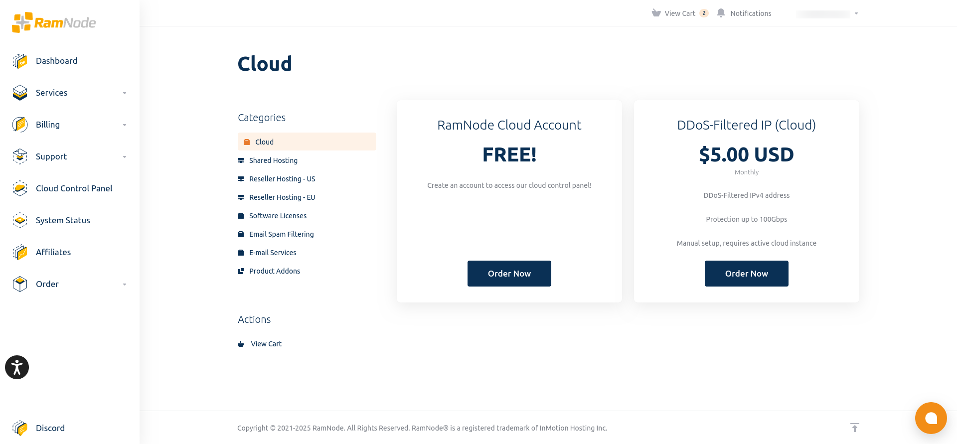 screenshot of the Products categories