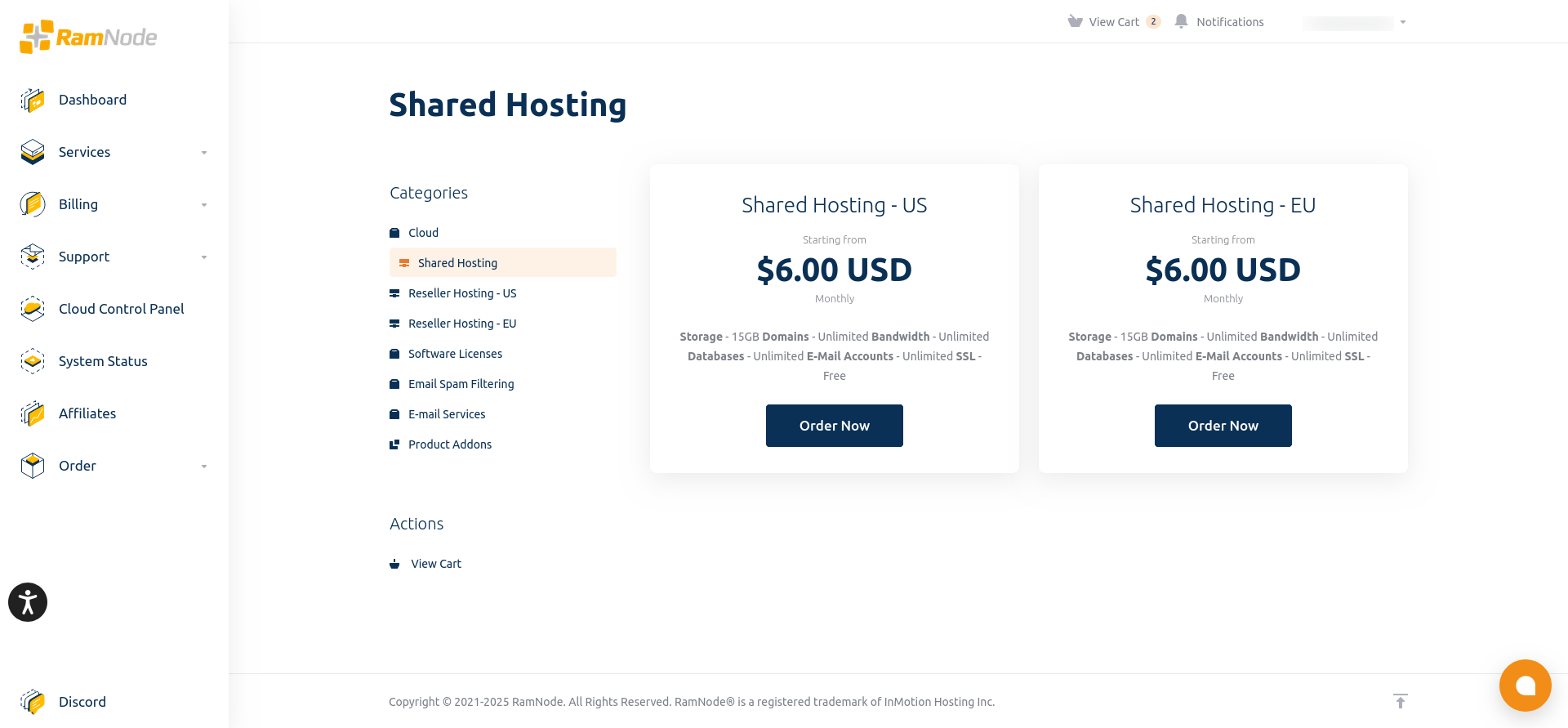 screenshot of the Shared Hosting Products
