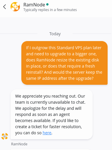 screenshot of the live chat conversation