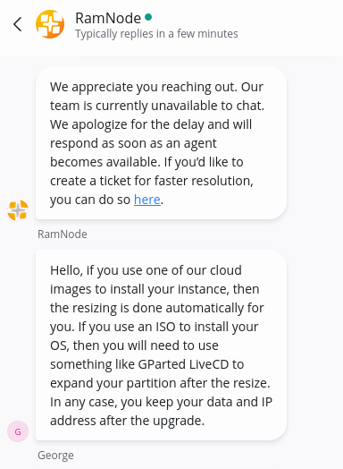 screenshot of the live chat conversation
