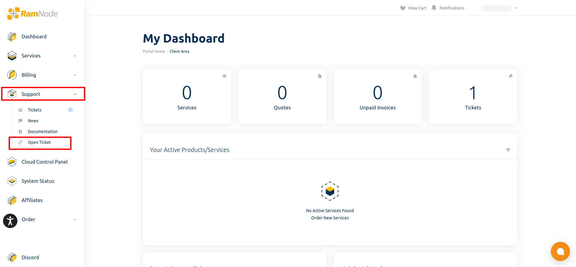 screenshot of the Open Ticket button