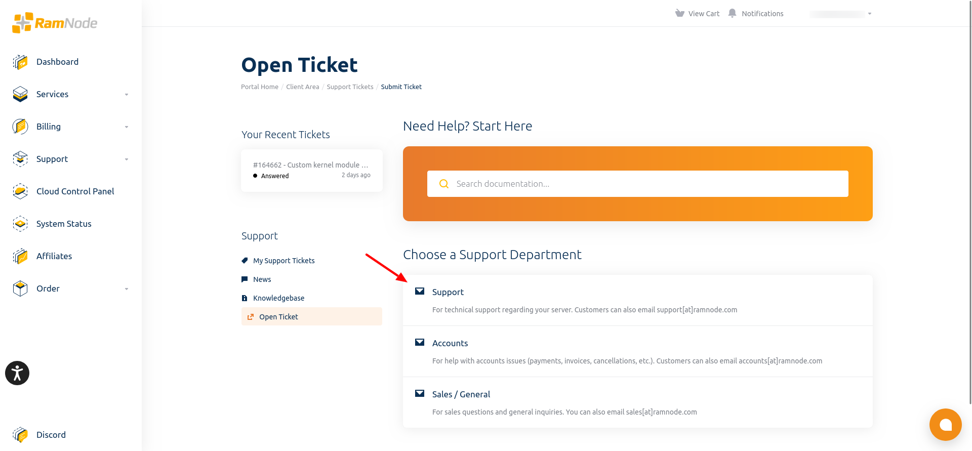 screenshot of the Support Department options