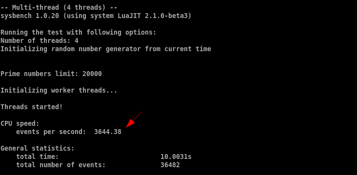 Sysbench CPU benchmark output showing 3,644.38 events/sec multi-thread across 4 threads