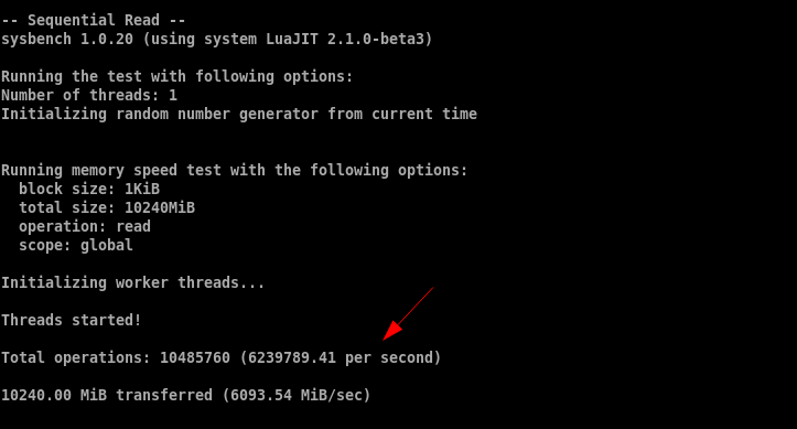 Sysbench memory benchmark output showing 6,093.54 MiB/sec sequential read