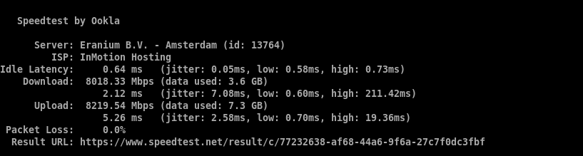 Ookla Speedtest CLI results from two runs against an Amsterdam test server, showing download and upload speeds above 7,700 Mbps and 0.0% packet loss on both
