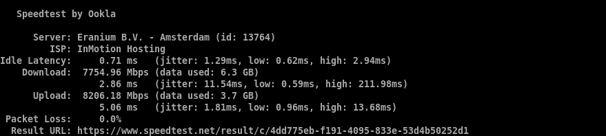 Ookla Speedtest CLI results from two runs against an Amsterdam test server, showing download and upload speeds above 7,700 Mbps and 0.0% packet loss on both