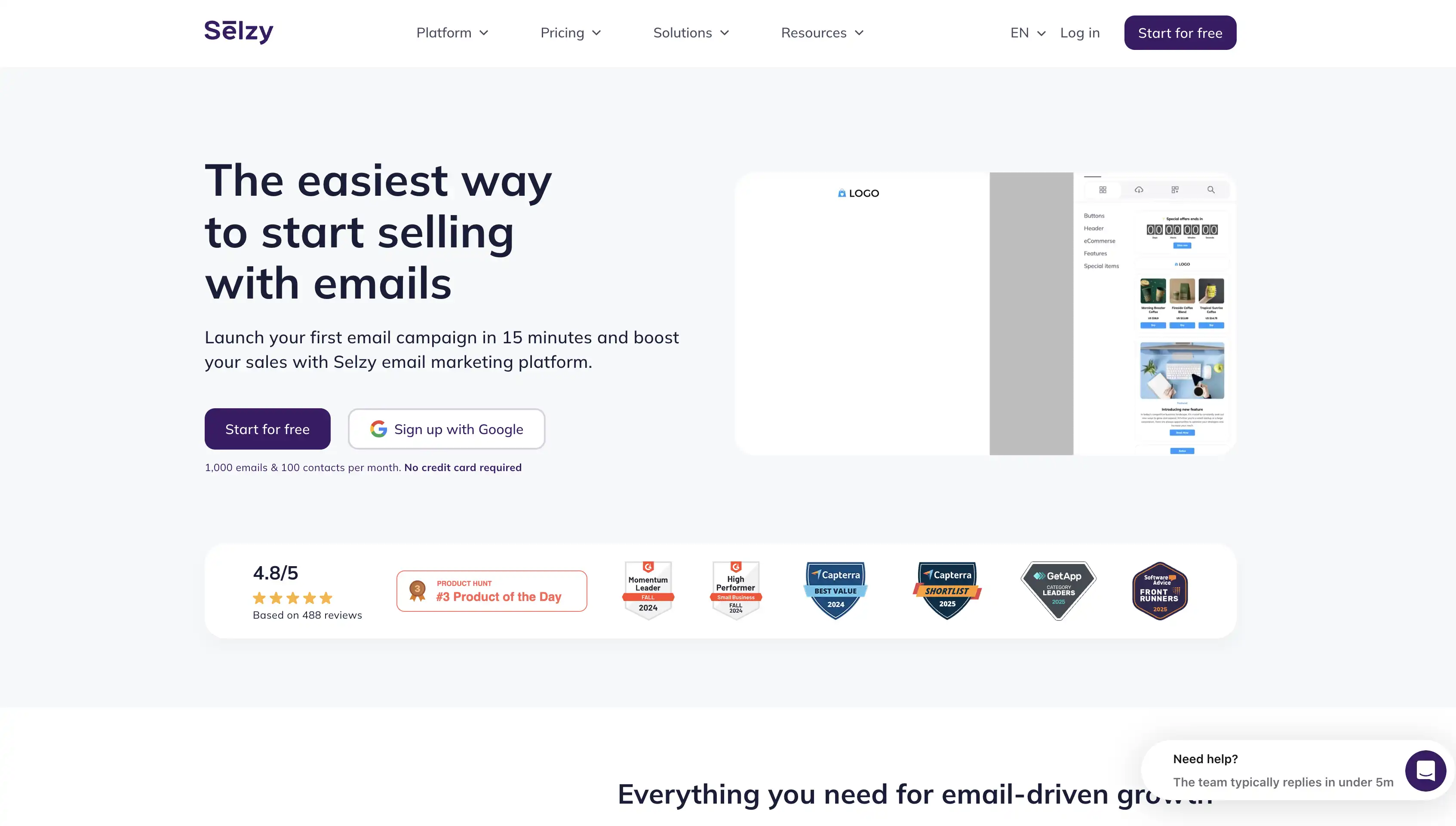 screenshot of Selzy homepage
