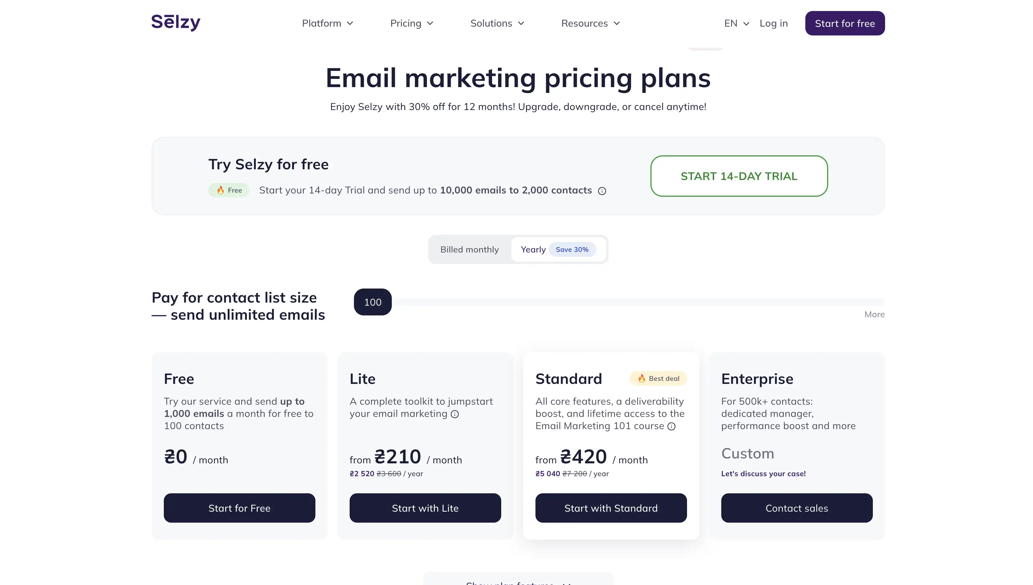 screenshot of Selzy prices