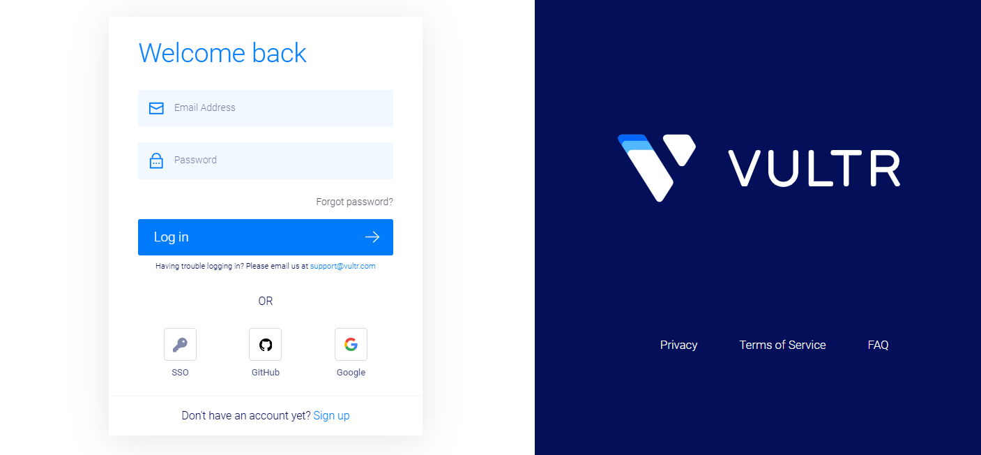 Vultr account sign up and sign in page