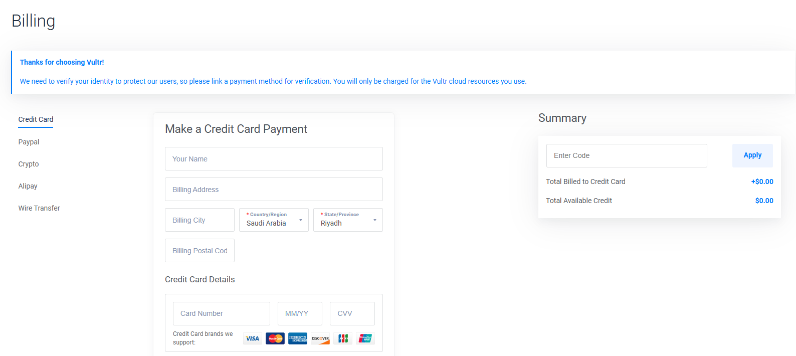 Vultr billing page with coupon code and payment options