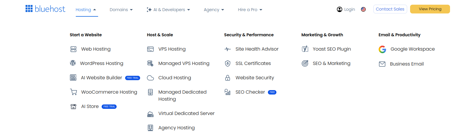 Bluehost hosting product options including web hosting, WordPress hosting, VPS, cloud, dedicated, and agency hosting