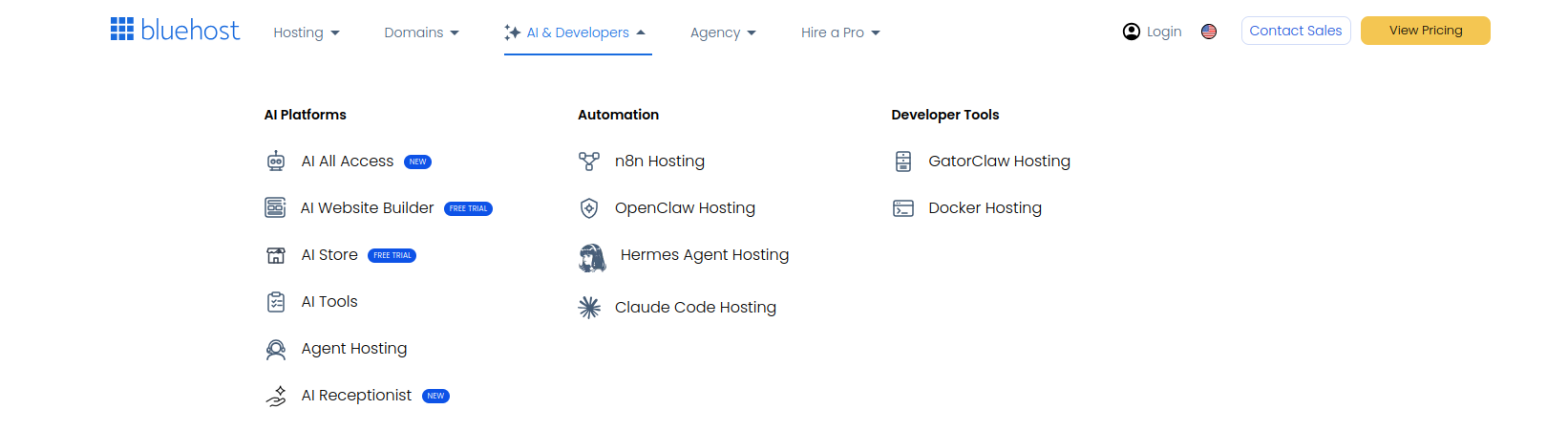 Bluehost AI and developer hosting tools including agent hosting, n8n, OpenClaw, Claude Code, GatorClaw, and Docker hosting