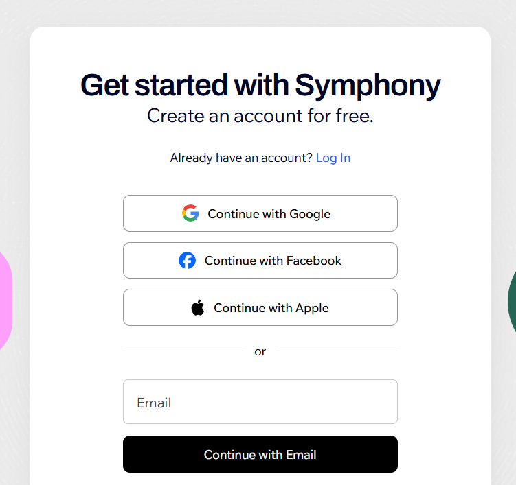Wix Symphony account registration and login