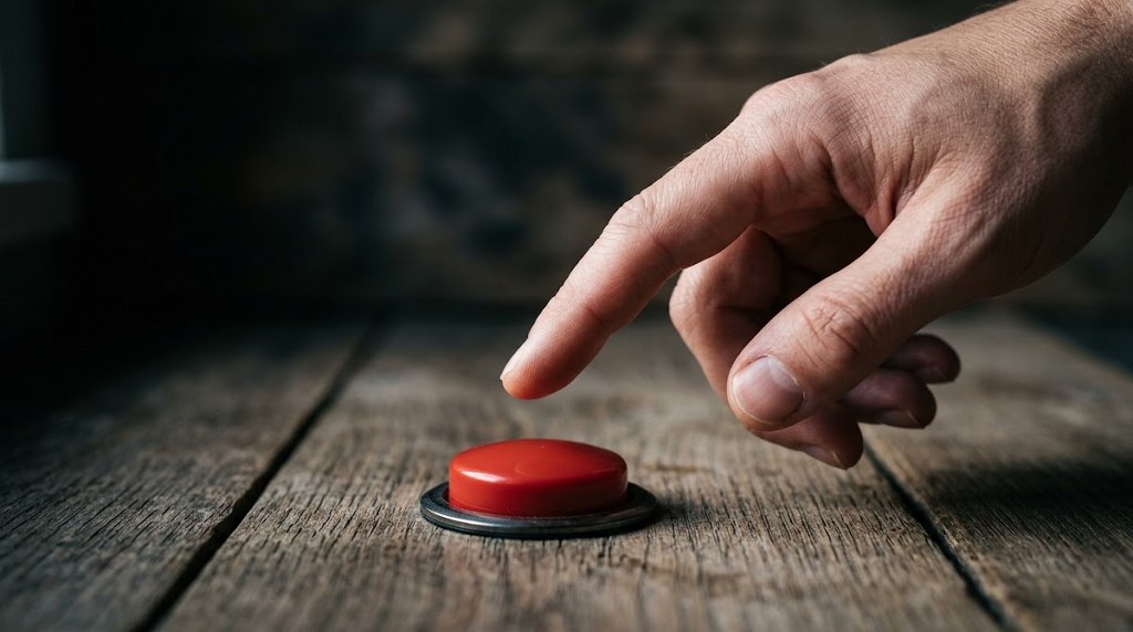 Finger about to press a red button