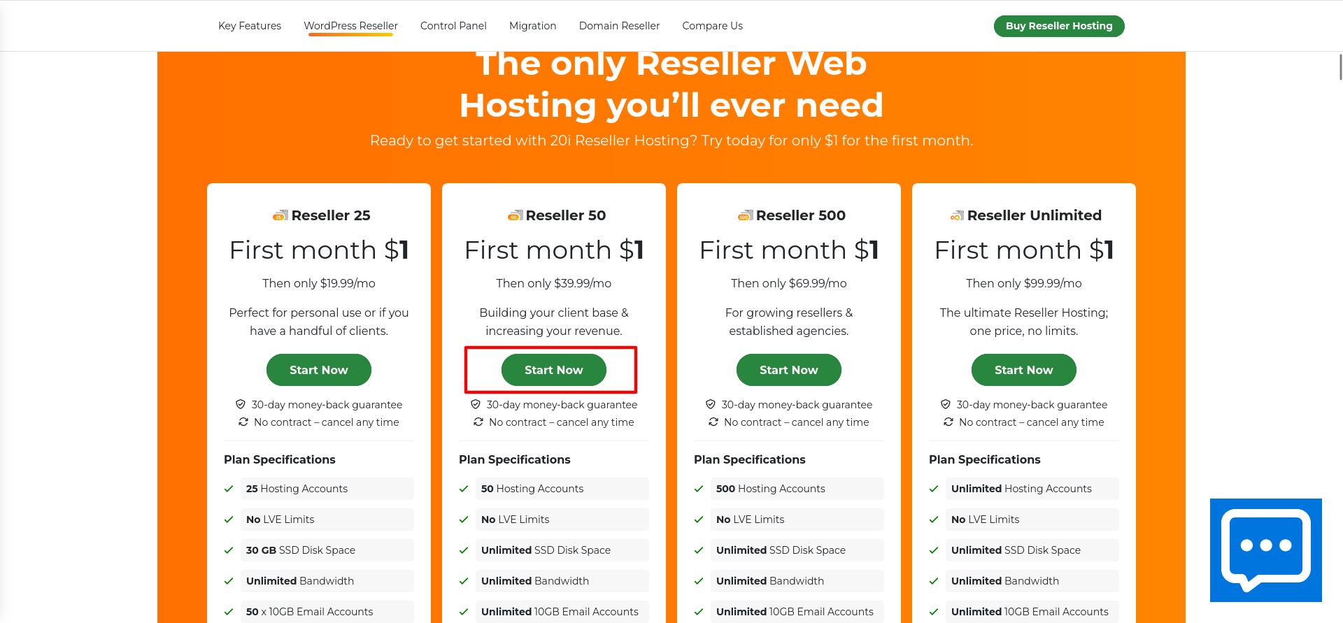 20i US Reseller Hosting page showing Reseller 25, Reseller 50, Reseller 500, and Reseller Unlimited with the first-month promotional offer.