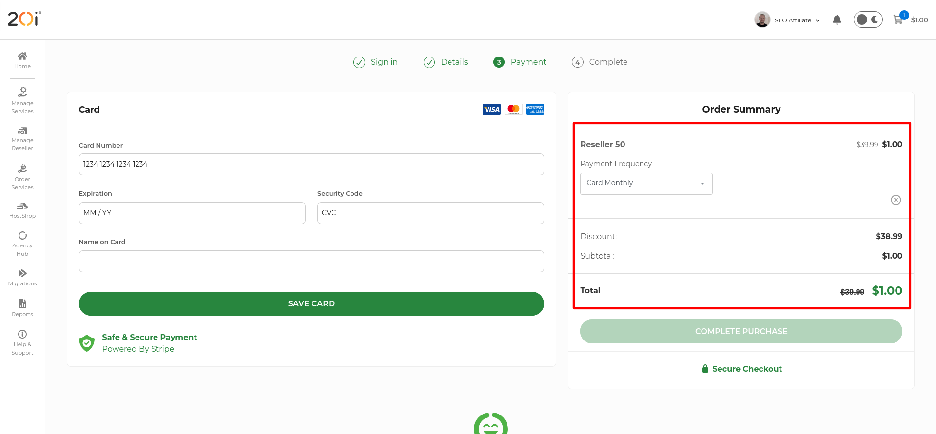 20i Reseller 50 checkout showing the discounted first-month total beside the normal recurring monthly rate.