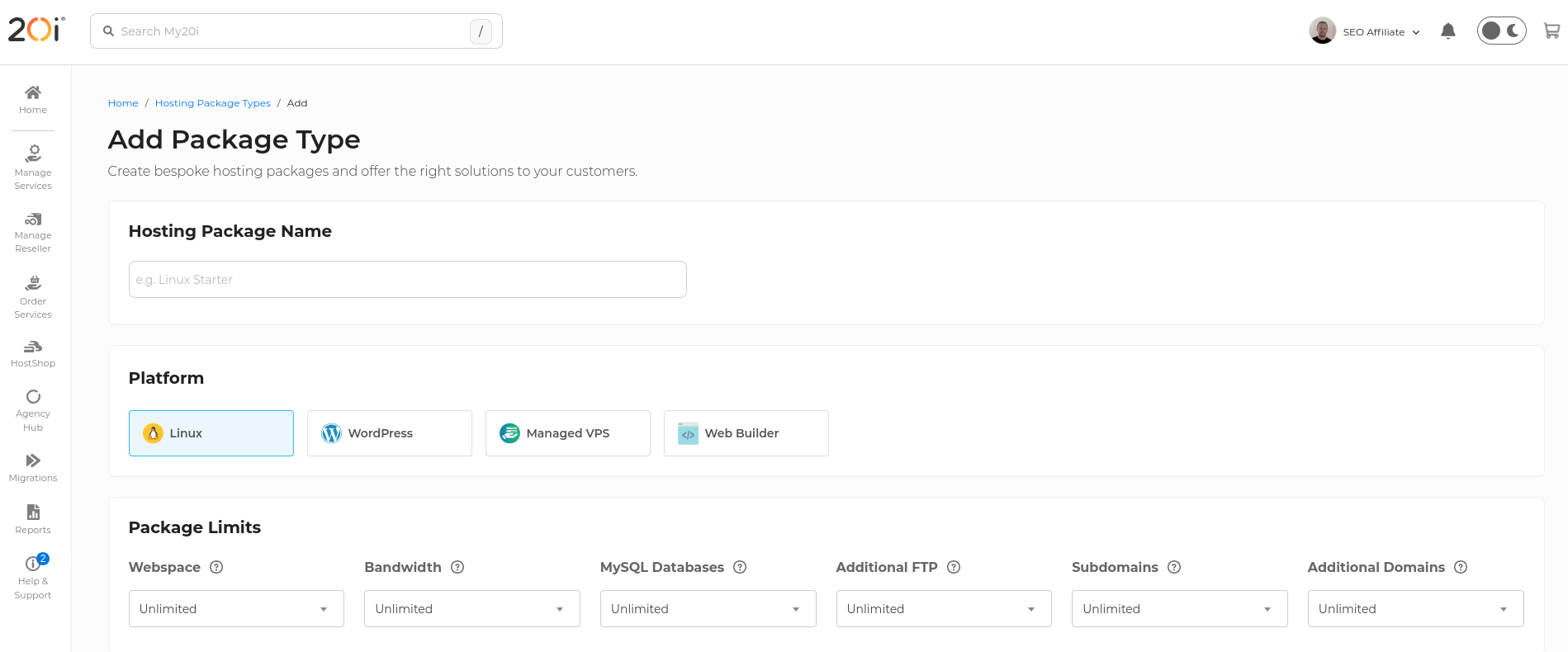 20i Add Package Type screen for a WordPress reseller package showing resource limits and the customer features I could enable or disable.