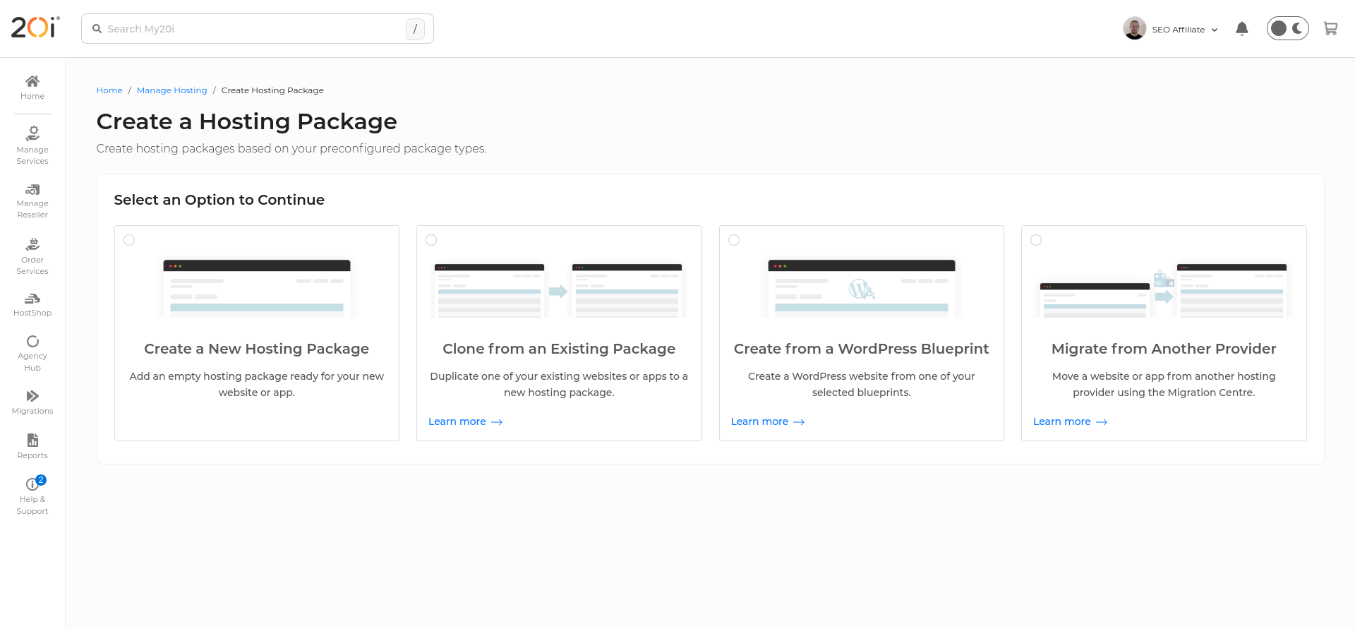 20i Create a Hosting Package screen offering a new package, an existing-package clone, a WordPress blueprint, or migration from another provider.