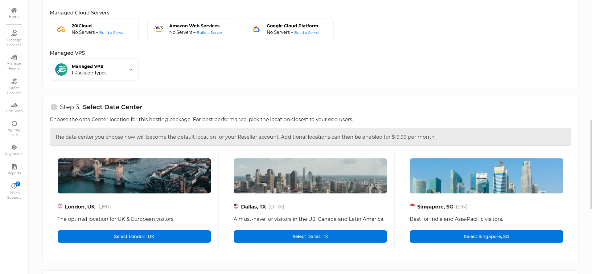 20i reseller hosting setup showing London, Dallas, and Singapore origin choices with Dallas selected for the first hosting package.