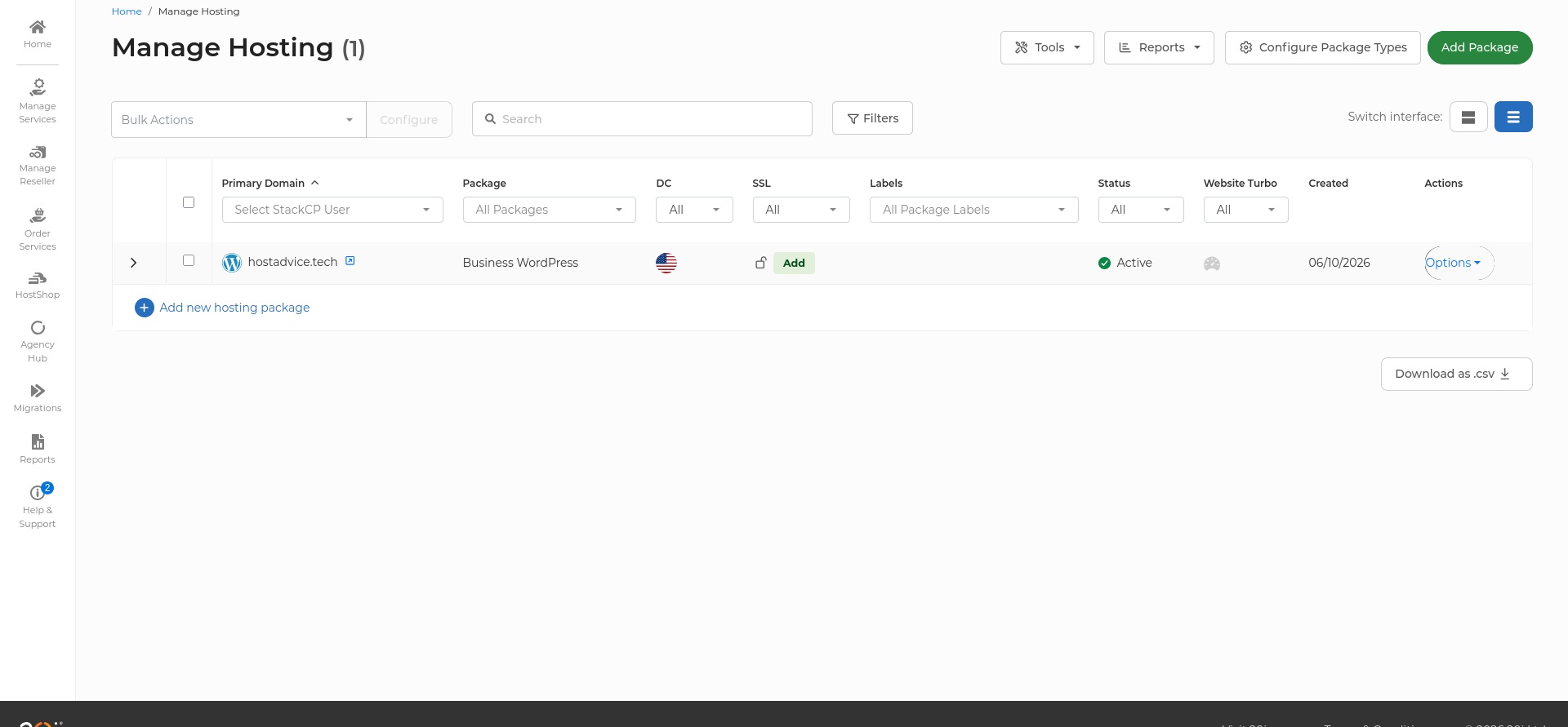 20i Manage Hosting page showing hostadvice.tech active on the Business WordPress package in the Dallas data center.