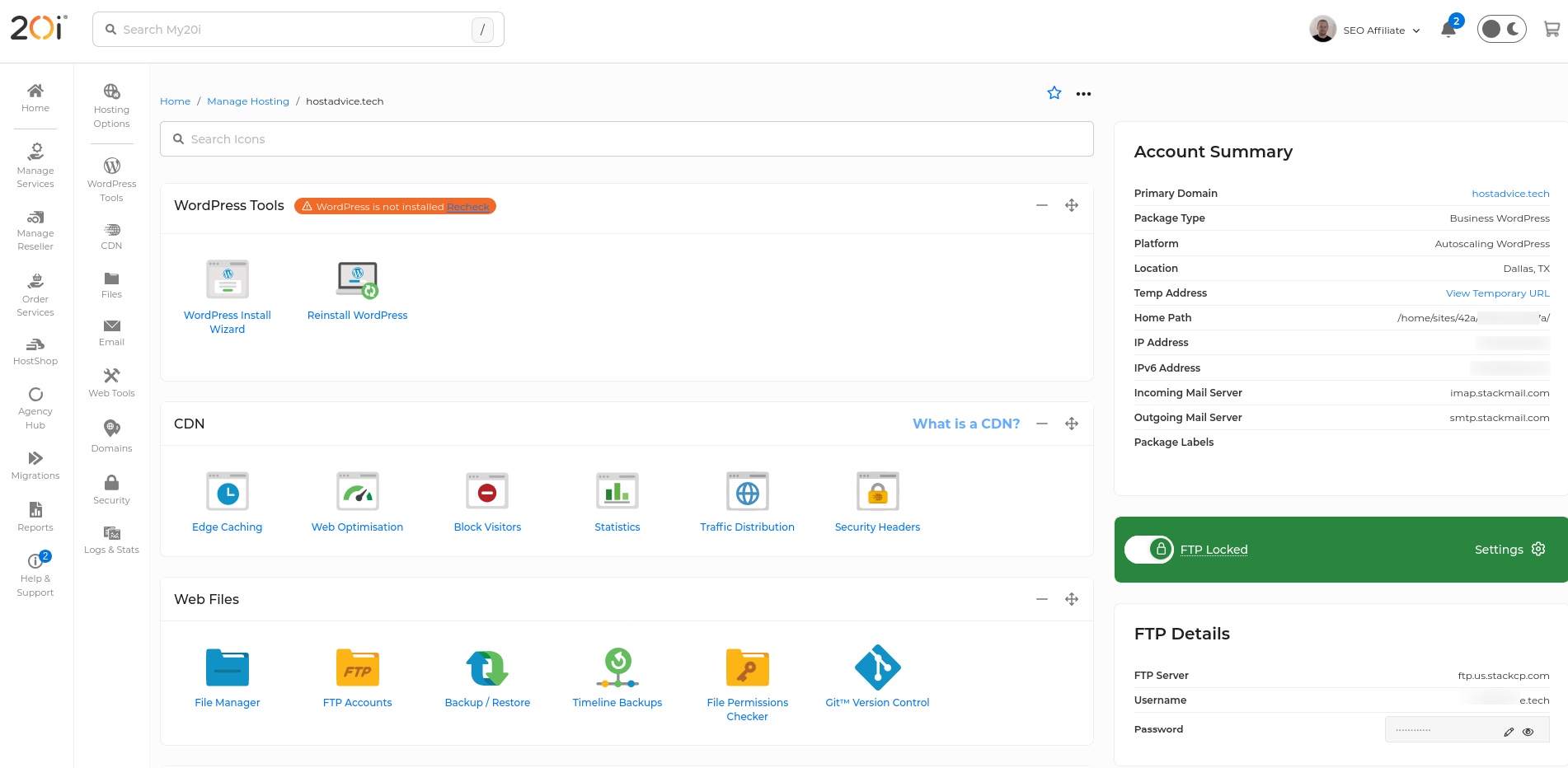 Fresh 20i hosting control panel for hostadvice.tech showing WordPress tools, CDN, files, email, PHP, domains, security, and the temporary URL.