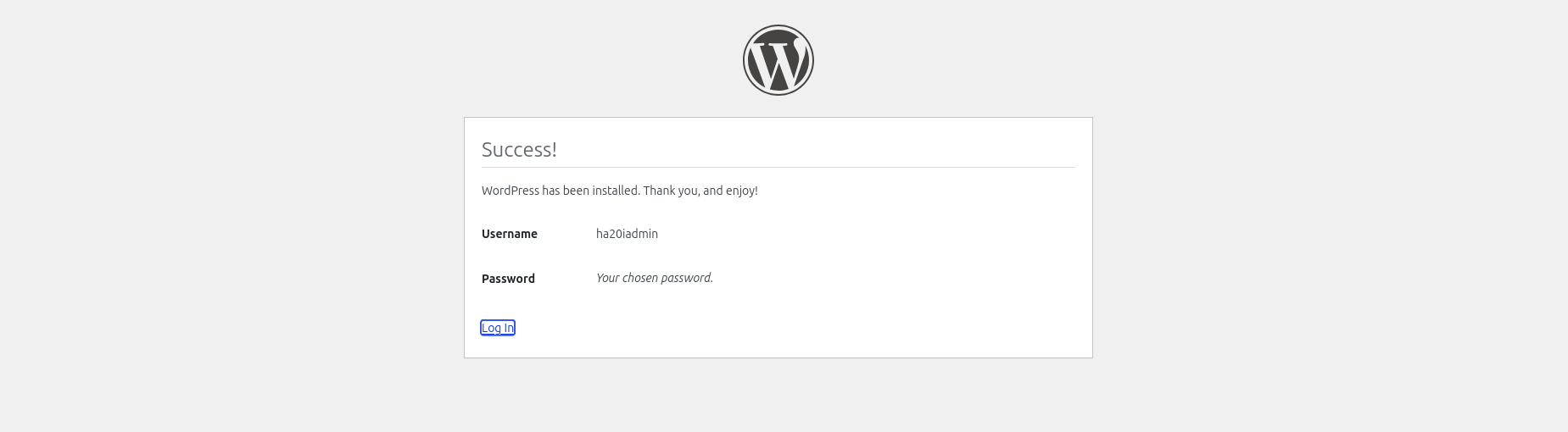 WordPress installation success screen on 20i showing the administrator username and the link used to log in.