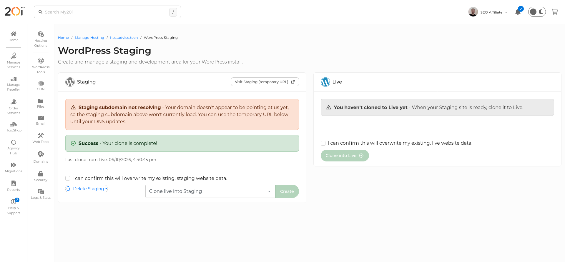 20i WordPress Staging screen showing the live-to-staging clone completed successfully and a temporary staging URL available.