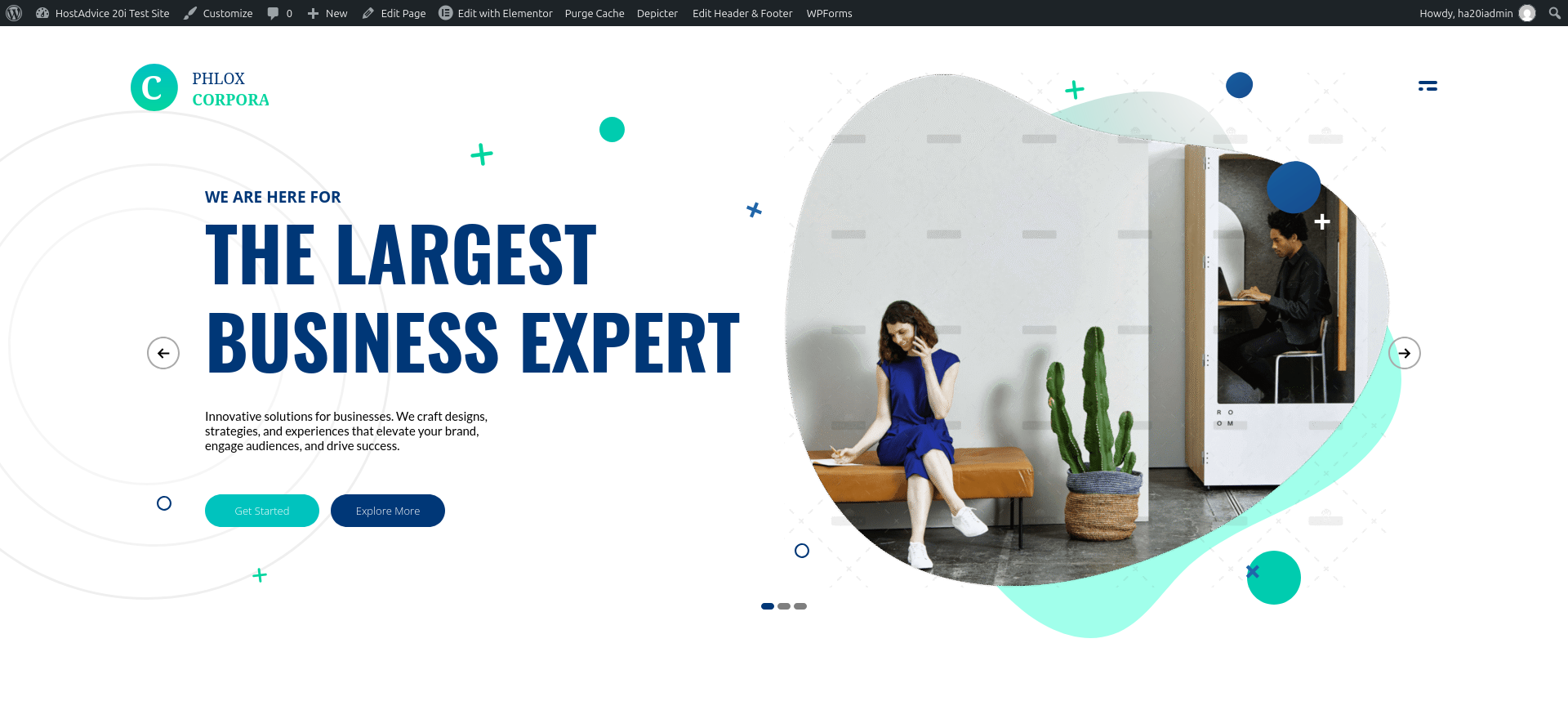 Live 20i WordPress homepage still showing the original “THE LARGEST BUSINESS EXPERT” headline after I changed the staging copy.