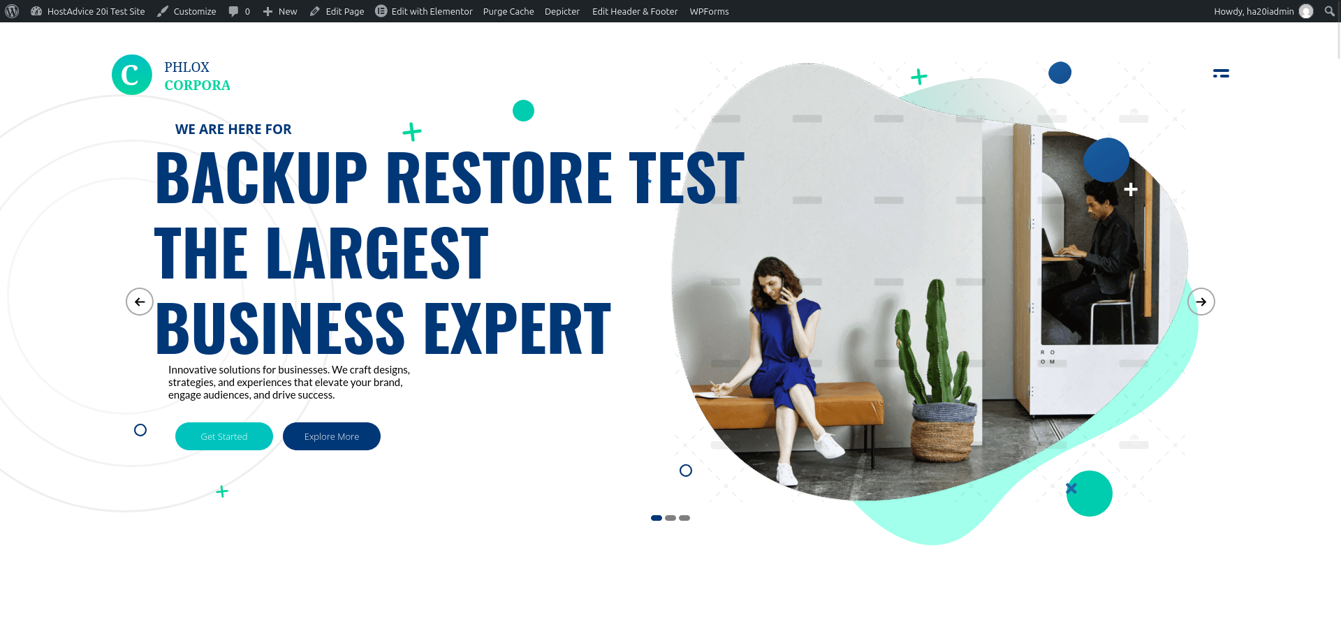 Live WordPress homepage on 20i showing “BACKUP RESTORE TEST” before I attempted to restore the earlier backup.
