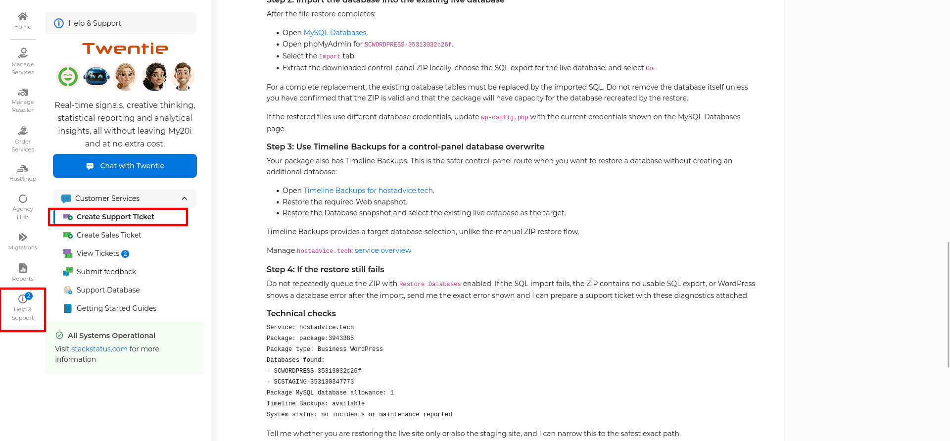Twentie diagnosis of the 20i restore failure showing the account databases, database allowance, and suggested recovery options.